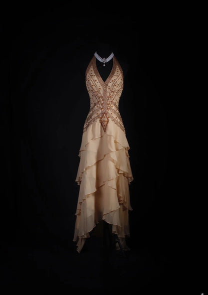Robe de bal vintage années 90 pour femme, coupe asymétrique en mousseline avec perles, robe de soirée formelle AS032