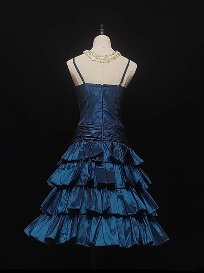 Vintage Ball Gown Spaghetti Strap Navy Blue Hoco Gowns Short 16th Birthday Dress Short Homecoming Dresses Cocktail Gown AS032