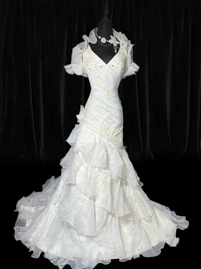 Elegantes, ärmelloses, langes, figurbetontes Brautkleid im Meerjungfrauenstil mit Spaghettiträgern aus weißer Spitze im Vintage-Stil der 1920er Jahre (AS032)