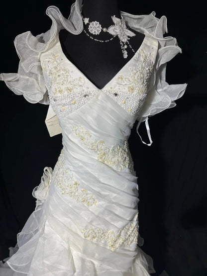 Elegantes, ärmelloses, langes, figurbetontes Brautkleid im Meerjungfrauenstil mit Spaghettiträgern aus weißer Spitze im Vintage-Stil der 1920er Jahre (AS032)