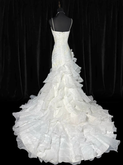 Elegantes, ärmelloses, langes, figurbetontes Brautkleid im Meerjungfrauenstil mit Spaghettiträgern aus weißer Spitze im Vintage-Stil der 1920er Jahre (AS032)