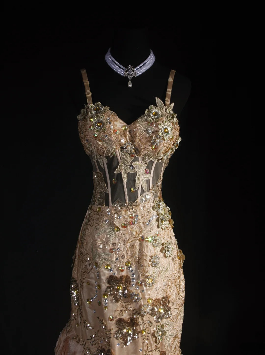 Robe de bal longue rose sirène à bretelles spaghetti ornée de perles, sans manches, AS033