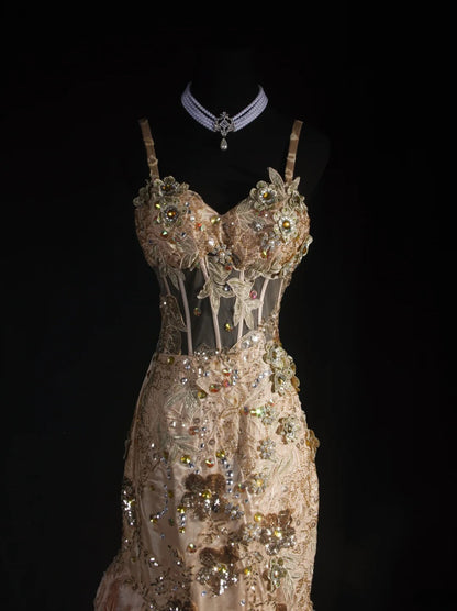 Robe de bal longue rose sirène à bretelles spaghetti ornée de perles, sans manches, AS033