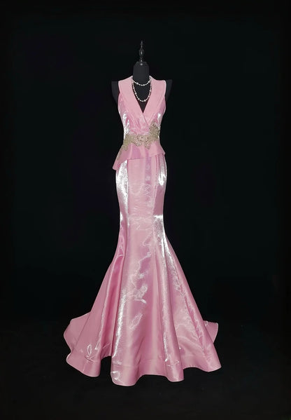 Vintage Meerjungfrauen-Abendkleid aus den 1950er Jahren, rosa mit goldener Spitze, ärmellos, V-Ausschnitt, für Abschlussball, High School, AS033