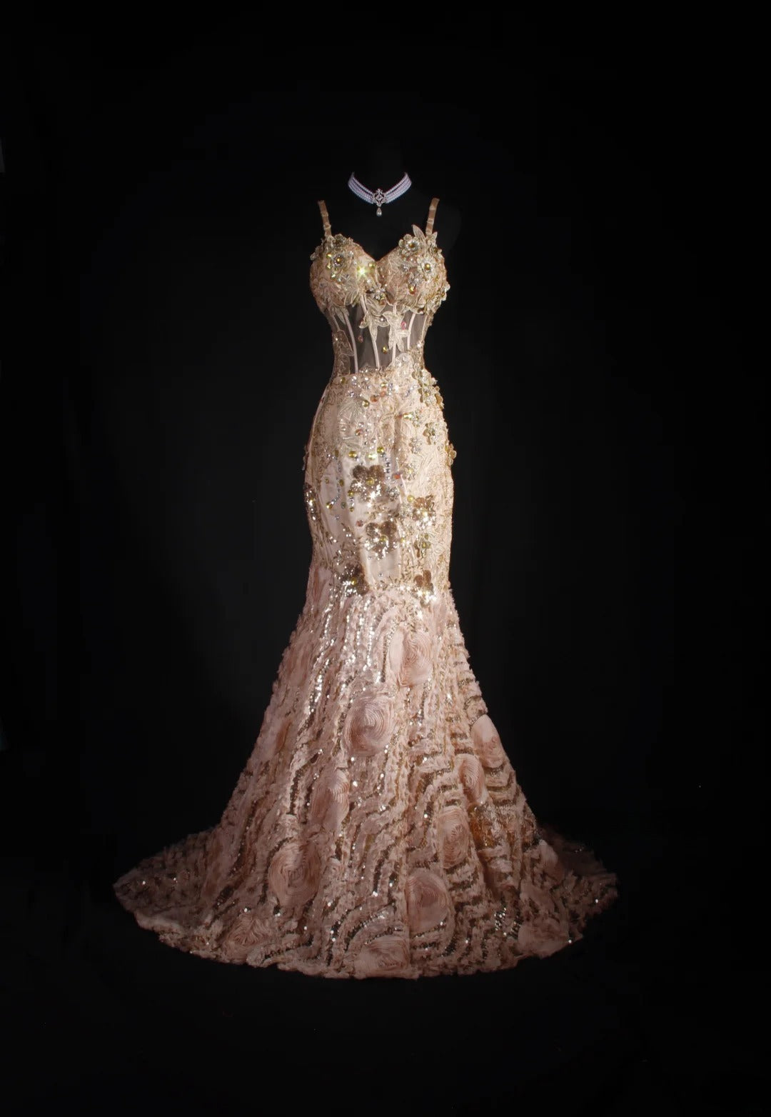 Robe de bal longue rose sirène à bretelles spaghetti ornée de perles, sans manches, AS033