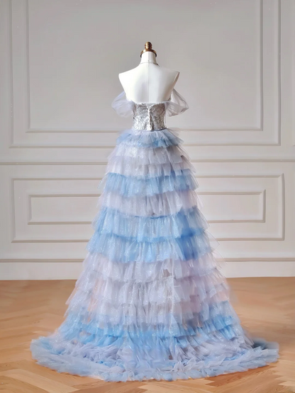Robe de bal scintillante sirène bustier bleue à franges plissées - Inspiration robe de soirée longue et élégante pour adolescentes et lycéennes AQ033