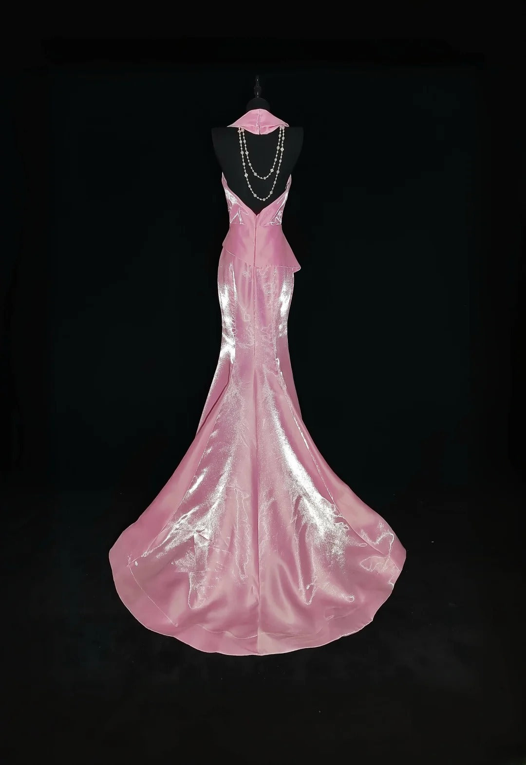 Vintage Meerjungfrauen-Abendkleid aus den 1950er Jahren, rosa mit goldener Spitze, ärmellos, V-Ausschnitt, für Abschlussball, High School, AS033