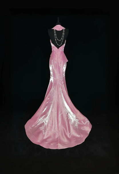 Vintage Meerjungfrauen-Abendkleid aus den 1950er Jahren, rosa mit goldener Spitze, ärmellos, V-Ausschnitt, für Abschlussball, High School, AS033