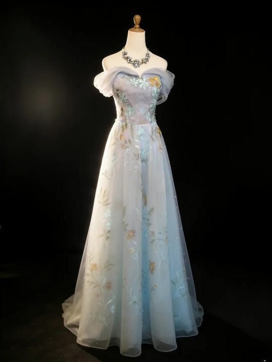 Robe de bal longue vintage années 90, coupe trapèze, épaules dénudées, en tulle bleu ciel clair à fleurs, idéale pour un 21e anniversaire (AS033)
