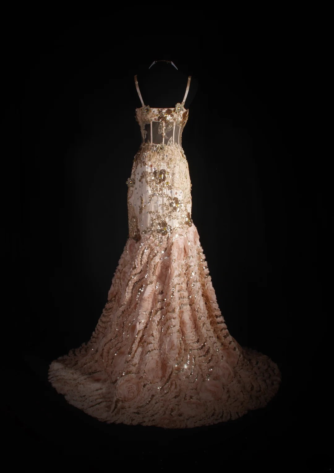 Robe de bal longue rose sirène à bretelles spaghetti ornée de perles, sans manches, AS033