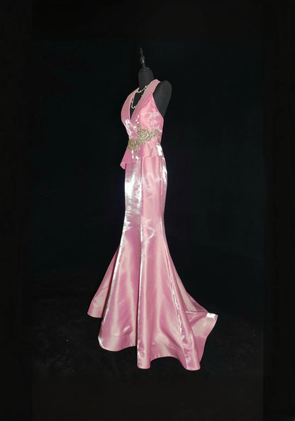 Vintage Meerjungfrauen-Abendkleid aus den 1950er Jahren, rosa mit goldener Spitze, ärmellos, V-Ausschnitt, für Abschlussball, High School, AS033