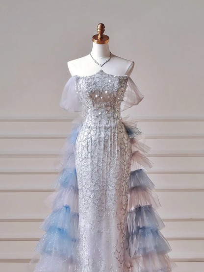 Robe de bal scintillante sirène bustier bleue à franges plissées - Inspiration robe de soirée longue et élégante pour adolescentes et lycéennes AQ033