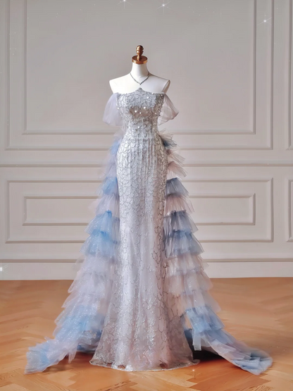 Robe de bal scintillante sirène bustier bleue à franges plissées - Inspiration robe de soirée longue et élégante pour adolescentes et lycéennes AQ033