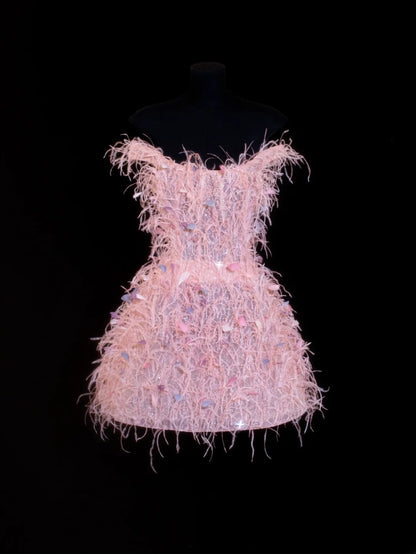 Robe de bal courte et élégante, ornée de plumes, idéale pour un 16e anniversaire, un retour à la maison ou un cocktail (SA034)