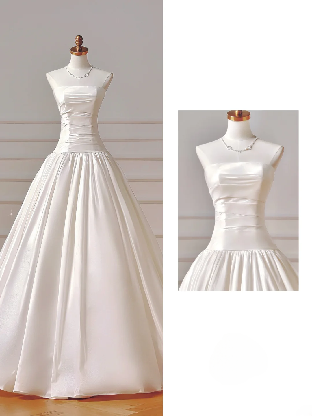 Schlichtes Brautkleid, Ballkleid, trägerlos, Satin, tiefe Taille, plissiert, figurbetont, langes Brautkleid AQ034