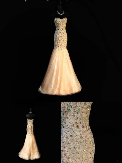 Sparkly Prom Dresses Mermaid Sweetheart Gold Tulle With Beading Long 1950s Retro Classy Party Formal Outfits RB6380