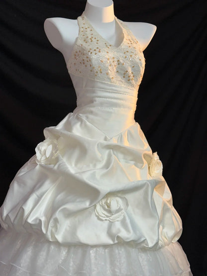 Vintage Ball Gowns Halter Satin 3d Flower White Lace With Beading Long Wedding Dresses RB3440