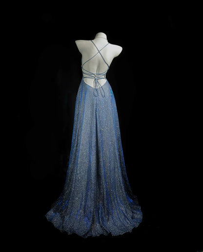 Classy Prom Dresses A line Spaghetti Strap Blue Backless Sleeveless Evening Dress Formal Outfits RB5842