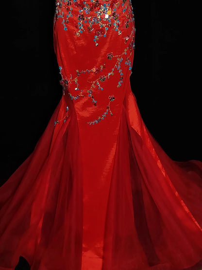 Vintage 1950s Mermaid 2 Pieces Red Pink With Beading Short Sleeves Long Prom Dresses High School Senior Graduation Dance Evening Outfits AS034