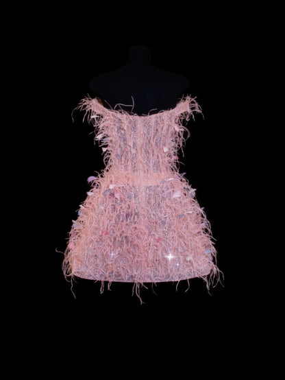 Robe de bal courte et élégante, ornée de plumes, idéale pour un 16e anniversaire, un retour à la maison ou un cocktail (SA034)