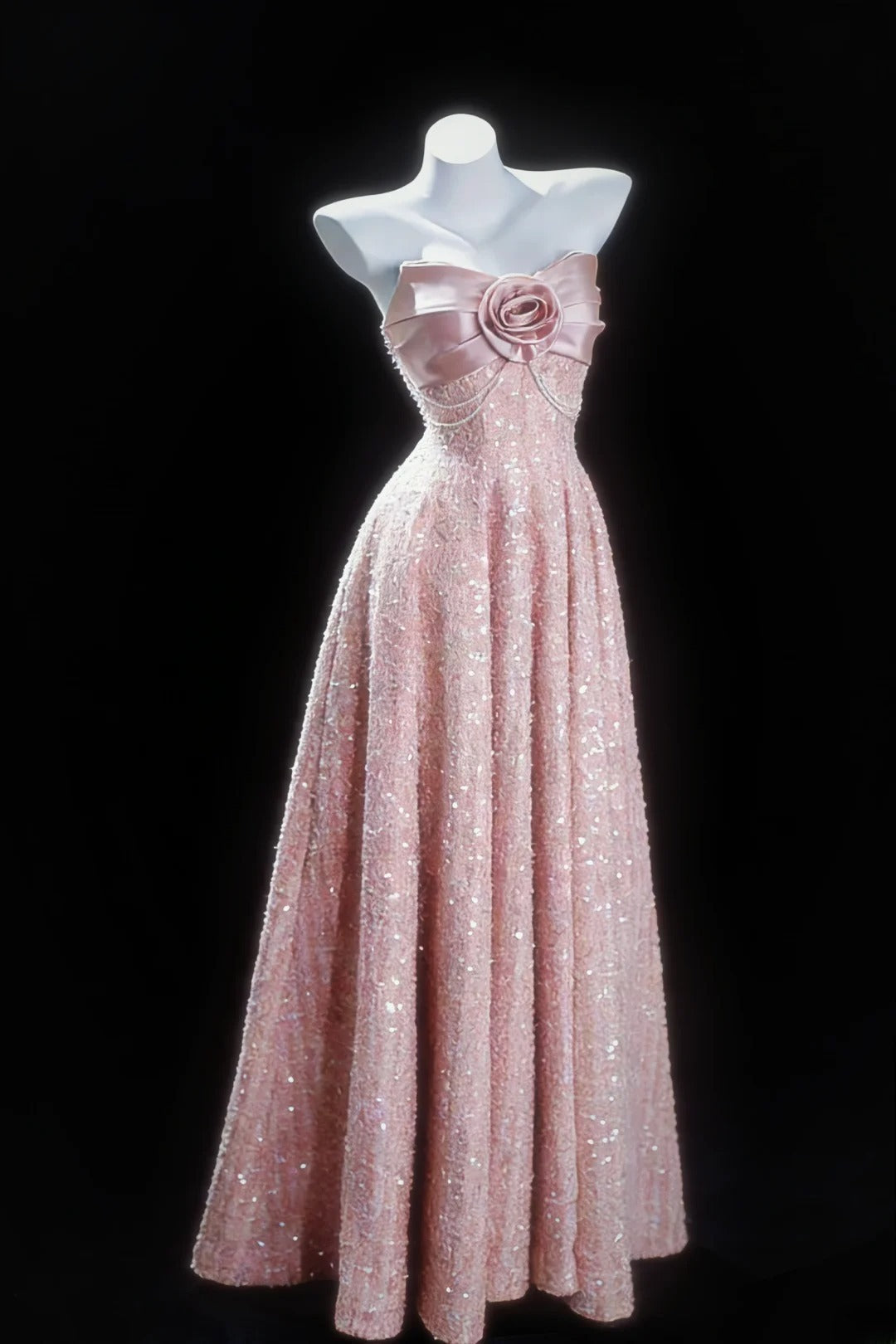 Niedliches, langes A-Linien-Kleid mit herzförmigem Ausschnitt und Trägern aus rosa Samt mit Pailletten für Damen – perfekt für Abschlussball, Highschool-Abschlussfeier oder 21. Geburtstag (AS035)