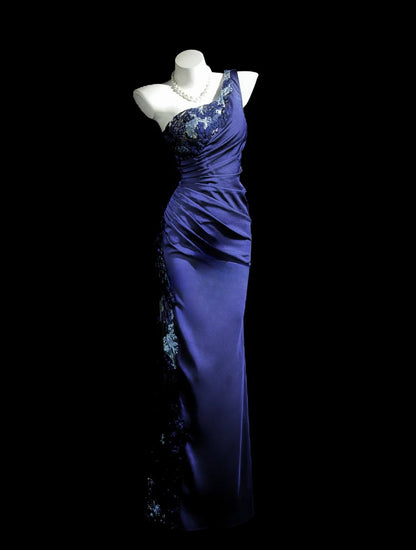 Classy Prom Dresses Mermaid One Shoulder Purple Satin With Lace Sleeveless Evening Dress Formal Outfits RB5843