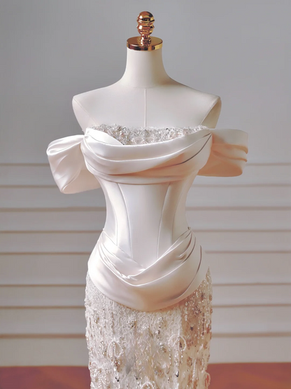 Timeless Wedding Dresses Sheath Strapless Satin Drop Waist Pleated Bow-knot Dress Style For Brides With Pleated Fitted Long Bridal Gowns AQ035