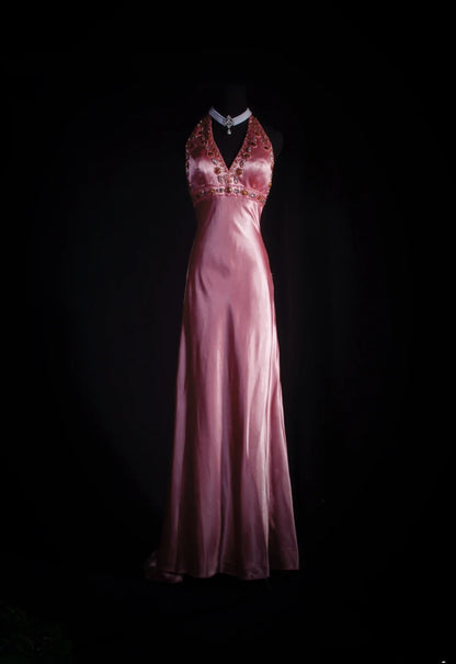 Vintage 90s Prom Dresses Women A line Halter Pink Silk Satin With Beaded Formal Dance Evening Party Gowns AS035