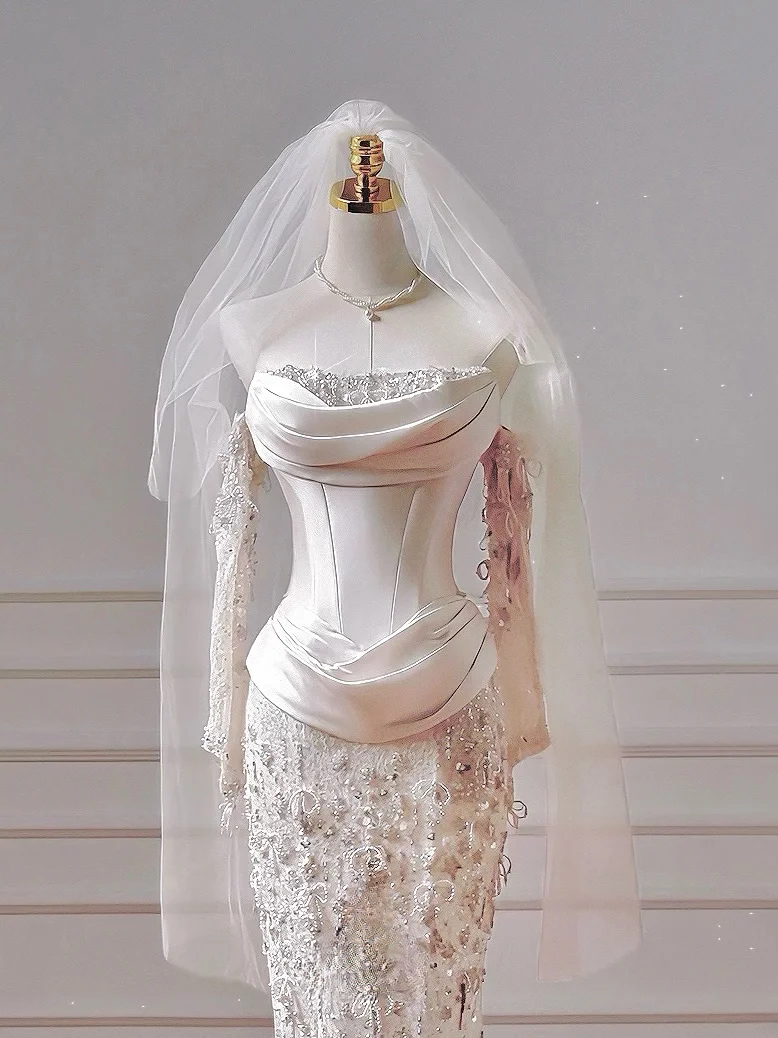 Timeless Wedding Dresses Sheath Strapless Satin Drop Waist Pleated Bow-knot Dress Style For Brides With Pleated Fitted Long Bridal Gowns AQ035