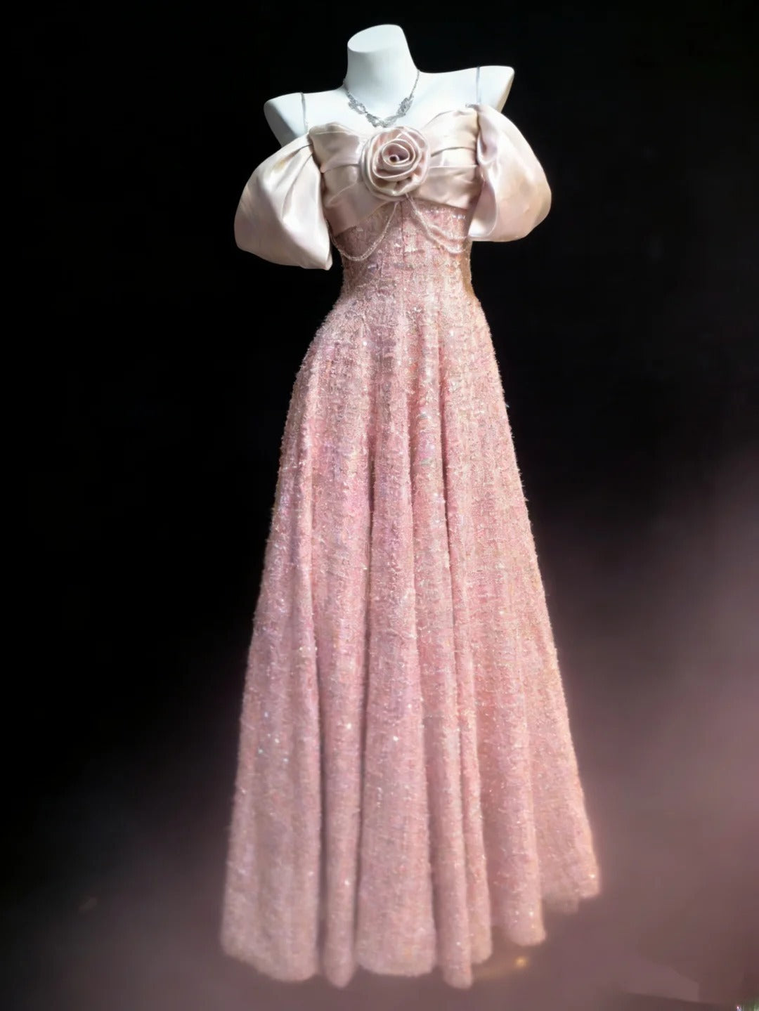 Niedliches, langes A-Linien-Kleid mit herzförmigem Ausschnitt und Trägern aus rosa Samt mit Pailletten für Damen – perfekt für Abschlussball, Highschool-Abschlussfeier oder 21. Geburtstag (AS035)