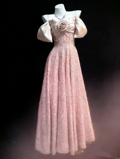 Niedliches, langes A-Linien-Kleid mit herzförmigem Ausschnitt und Trägern aus rosa Samt mit Pailletten für Damen – perfekt für Abschlussball, Highschool-Abschlussfeier oder 21. Geburtstag (AS035)