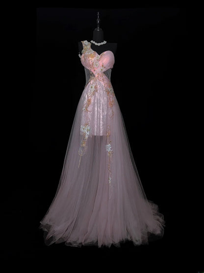 Elegantes A-Linien-Abendkleid aus altfliederfarbenem Tüll mit Applikationen, One-Shoulder-Schulterkleid, ideal für Highschool-Mädchen, Abschlussball oder Schulball (AS035)