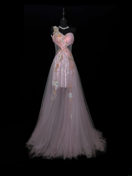 Modest A line One Shoulder Dusty Lilac Tulle Applique Evening Dresses High School Teens Senior Night Dance Prom Dress AS035