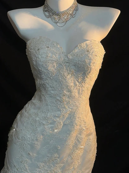 Vintage Mermaid Sweetheart Sleeveless White Lace Long Wedding Dresses RB3441