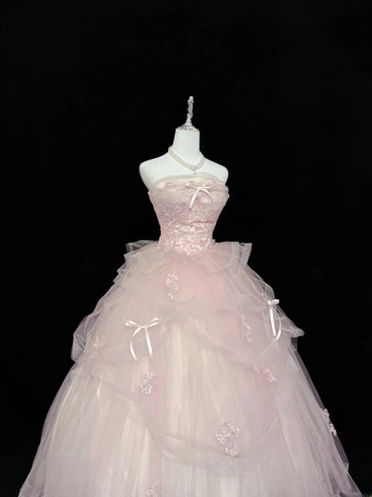 Fairy-tale Ball Gown Strapless Pink With Ruffled Lace Quince Dress Voluminous Sweet 16 Sweet Sixteen Outfits Vestido de RB7406