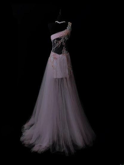 Elegantes A-Linien-Abendkleid aus altfliederfarbenem Tüll mit Applikationen, One-Shoulder-Schulterkleid, ideal für Highschool-Mädchen, Abschlussball oder Schulball (AS035)