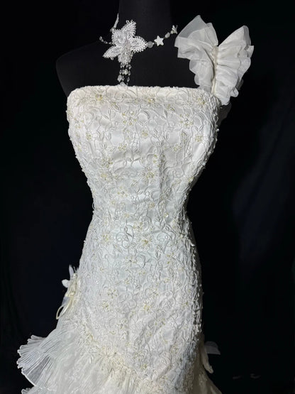 Vintage Women's Mermaid One Shoulder Sleeveless White Lace Tiered Satin Long Vintage Fitted 1920s Wedding Dresses AS035