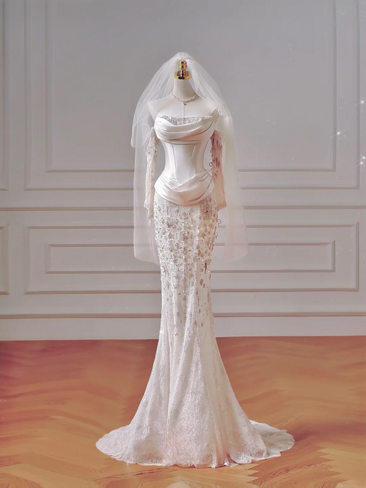 Timeless Wedding Dresses Sheath Strapless Satin Drop Waist Pleated Bow-knot Dress Style For Brides With Pleated Fitted Long Bridal Gowns AQ035