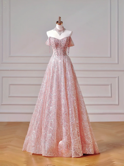 Elegantes, schulterfreies, pinkes Pailletten-Korsettkleid mit Korsett-Ausschnitt – ein beeindruckendes, langes Abendkleid für Teenager und Mädchen (AQ036)