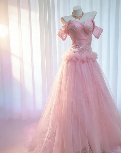 Vintage 90er Jahre Meerjungfrauen-Kleid aus schulterfreiem, rosa Tüll für Damen, langes Partykleid, Ballkleid, Geburtstagskleid AS036