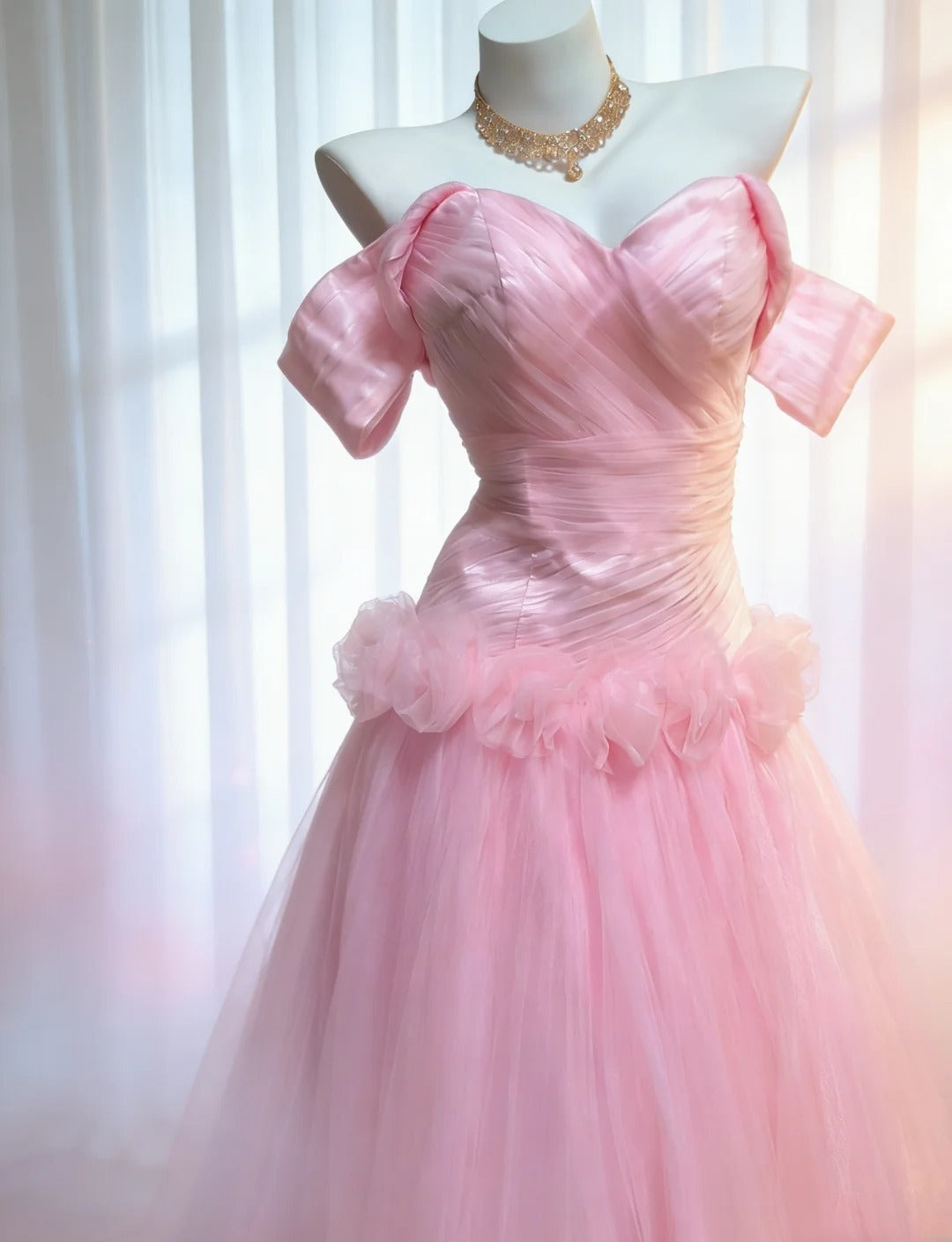 Vintage 90er Jahre Meerjungfrauen-Kleid aus schulterfreiem, rosa Tüll für Damen, langes Partykleid, Ballkleid, Geburtstagskleid AS036