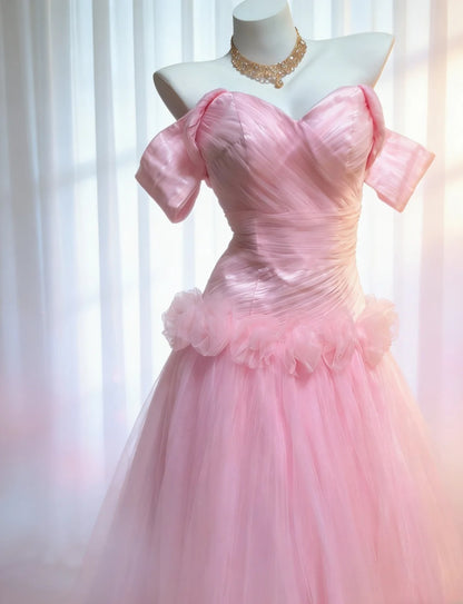 Vintage 90er Jahre Meerjungfrauen-Kleid aus schulterfreiem, rosa Tüll für Damen, langes Partykleid, Ballkleid, Geburtstagskleid AS036