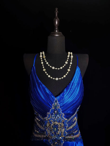 Vintage Meerjungfrauen-Abendkleid aus den 1950er Jahren, königsblauer Satin mit Perlenstickerei, Spaghettiträger, langes Ballkleid für den Schulabschlussball, AS036