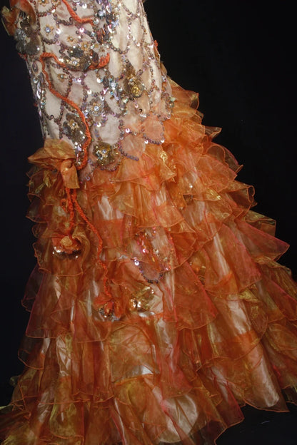 Vintage Prom Dresses 90s Formal Mermaid V Neck Orange Tiered With Beadings Long Party Gowns Prom Dresses AS036