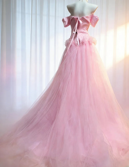 Vintage 90er Jahre Meerjungfrauen-Kleid aus schulterfreiem, rosa Tüll für Damen, langes Partykleid, Ballkleid, Geburtstagskleid AS036