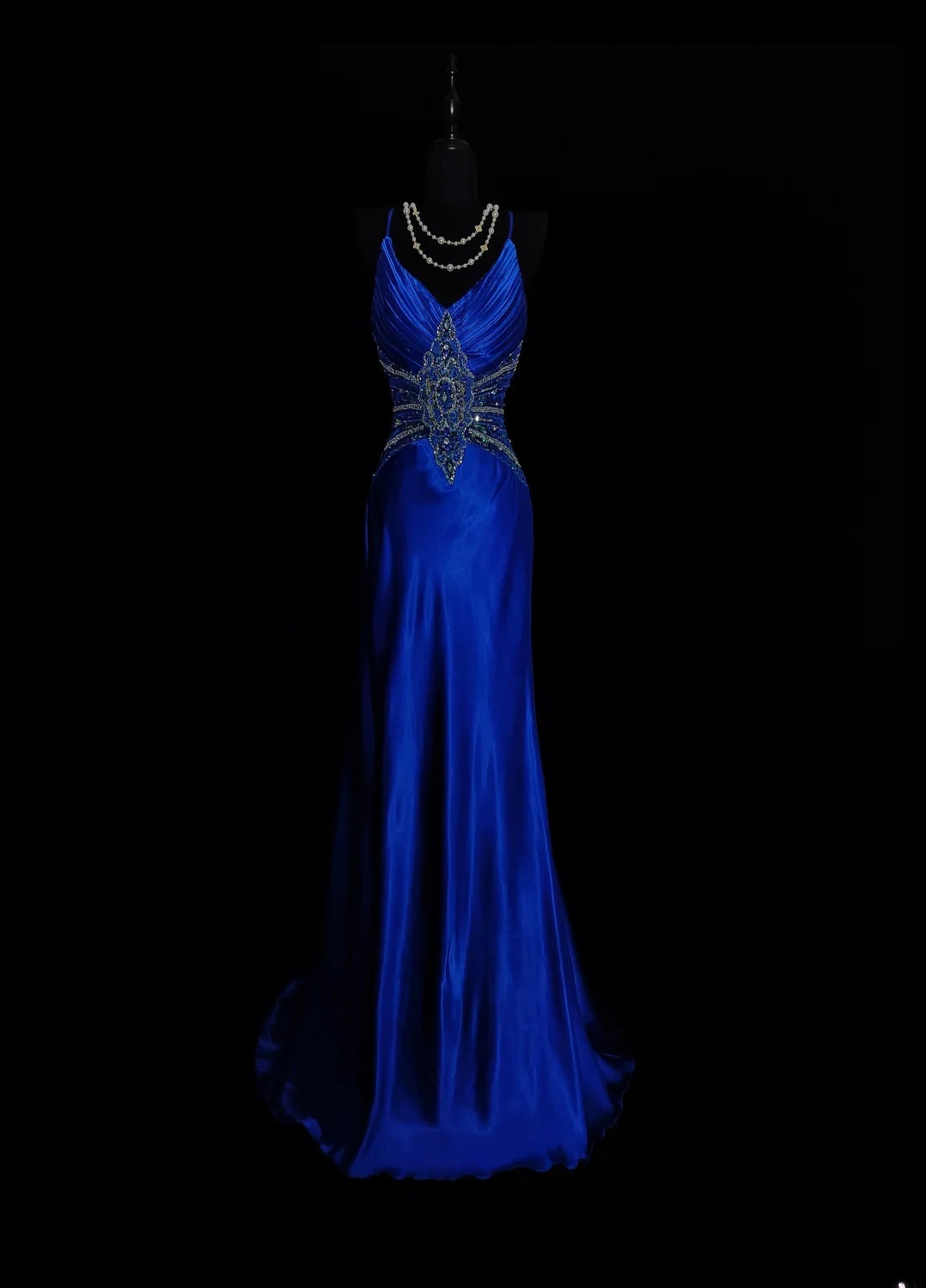 Vintage Meerjungfrauen-Abendkleid aus den 1950er Jahren, königsblauer Satin mit Perlenstickerei, Spaghettiträger, langes Ballkleid für den Schulabschlussball, AS036