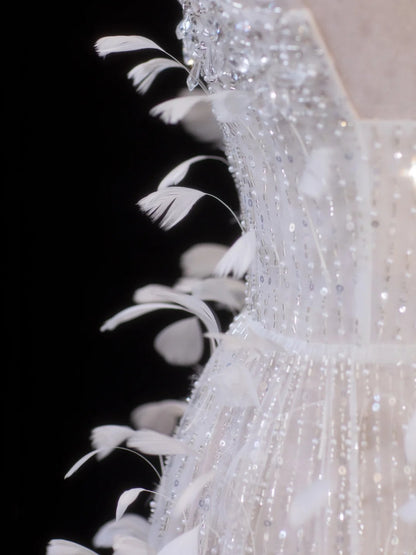 Affordable Sequin 1950s Formal A line Square Neck Sequins Feathers With Beads Style Impress Long Prom Dresses Party Gowns SA036