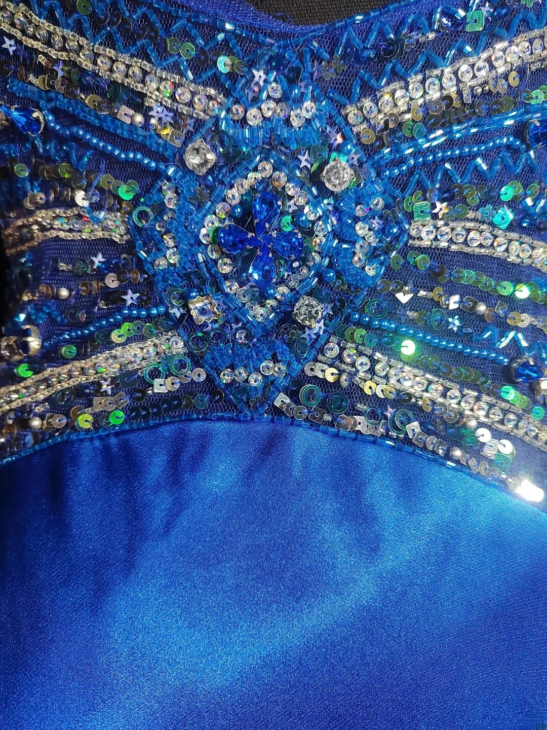 Vintage Meerjungfrauen-Abendkleid aus den 1950er Jahren, königsblauer Satin mit Perlenstickerei, Spaghettiträger, langes Ballkleid für den Schulabschlussball, AS036