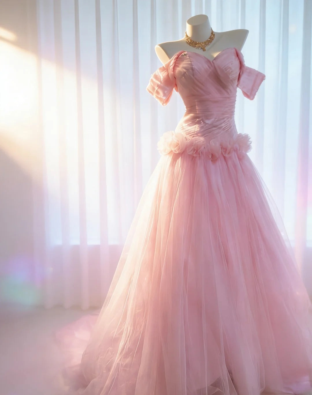 Vintage 90er Jahre Meerjungfrauen-Kleid aus schulterfreiem, rosa Tüll für Damen, langes Partykleid, Ballkleid, Geburtstagskleid AS036