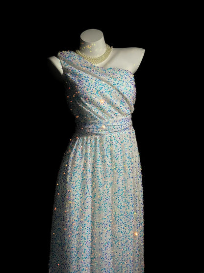Classy Prom Dresses A Line One Shoulder White Sequin With Split Sleeveless Evening Dress Formal Outfits RB5844